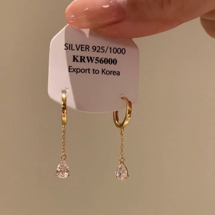 金色仿钻小水滴流苏耳环女