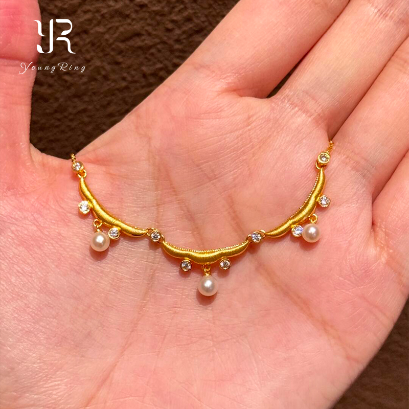 新中式金色花边仿珍珠项链女配饰