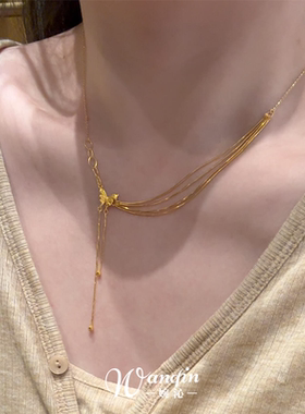 新年秋冬金色蝴蝶流苏项链女配饰