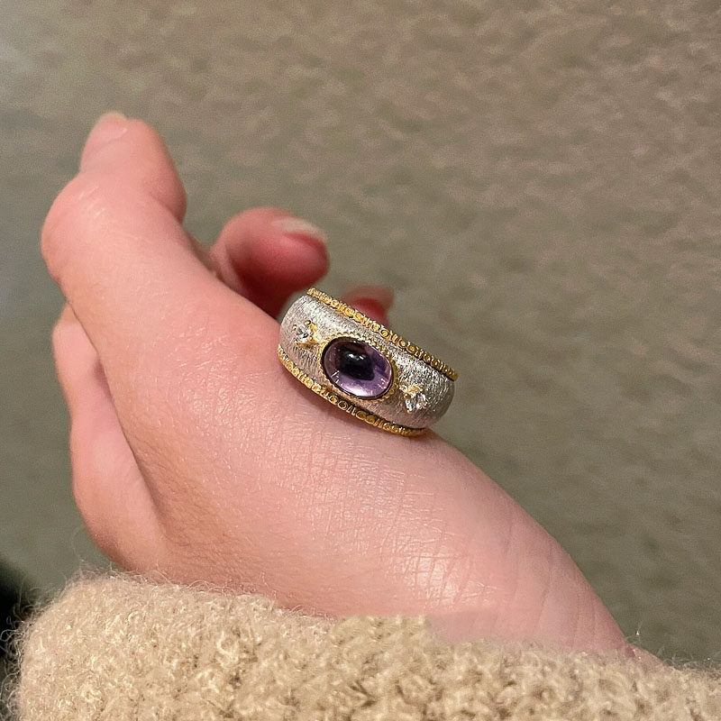 紫钻椭圆宽面拉丝戒指女