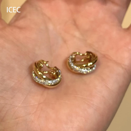 复古金色亮面爆闪三环交叉耳钉女