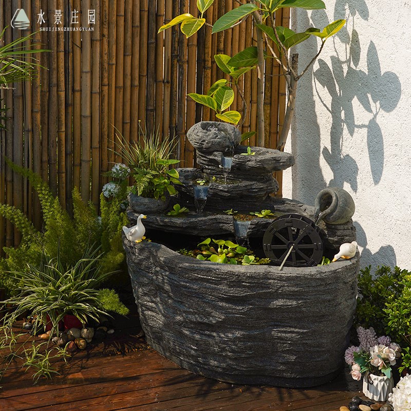 水景庄园古法养i鱼流水摆件茶室造景小鱼生态鱼缸全套阳台水系景