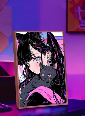 赛博朋克猫咪女孩灯光画电竞房桌面摆件创意卡通小夜灯实用礼物