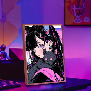 赛博朋克猫咪女孩灯光画电竞房桌面摆件创意卡通小夜灯实用礼物