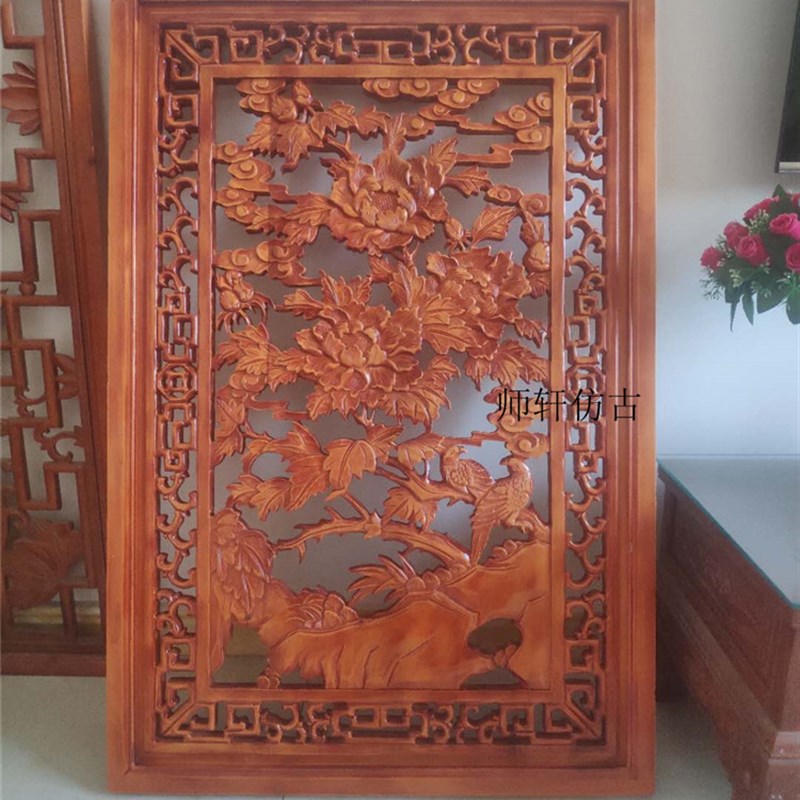 东阳木雕花开富贵牡丹鸟福鲤鱼双面手工雕花板实木玄关隔断现货