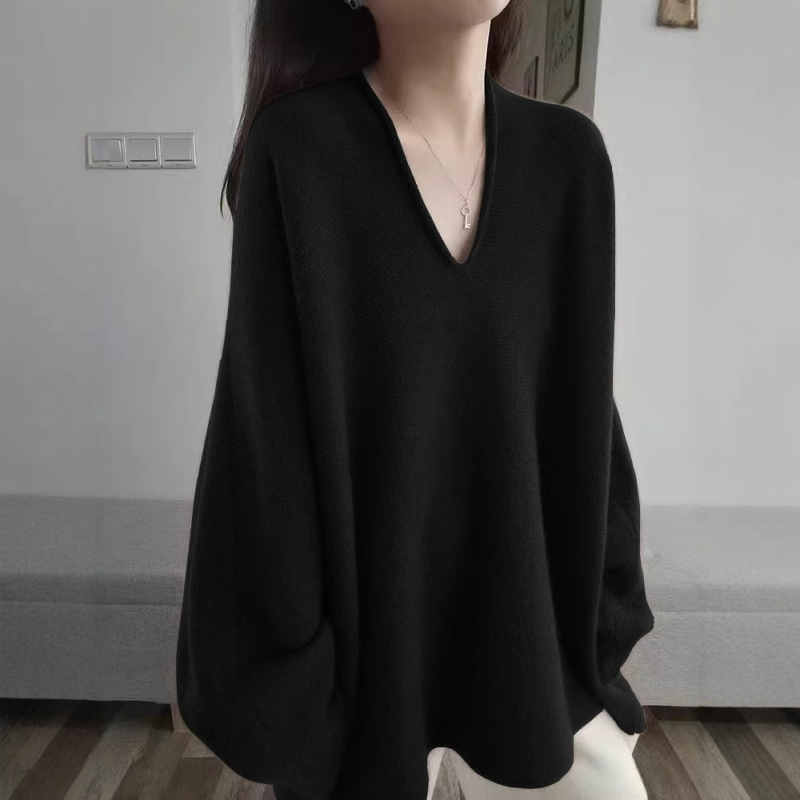 高级感黑色v领针织衫女秋