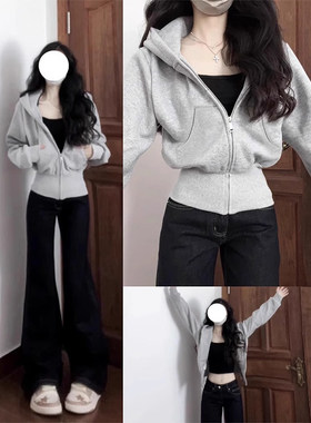 外套灰色短款卫衣女款2025新款秋冬季韩系修身收腰连帽上衣穿搭厚