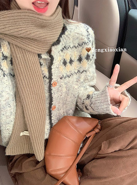 曾小咸韩系灰色费尔岛毛衣外套女秋冬季宽松慵懒毛织针织开衫上衣
