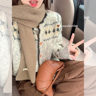 曾小咸韩系灰色费尔岛毛衣外套女秋冬季宽松慵懒毛织针织开衫上衣