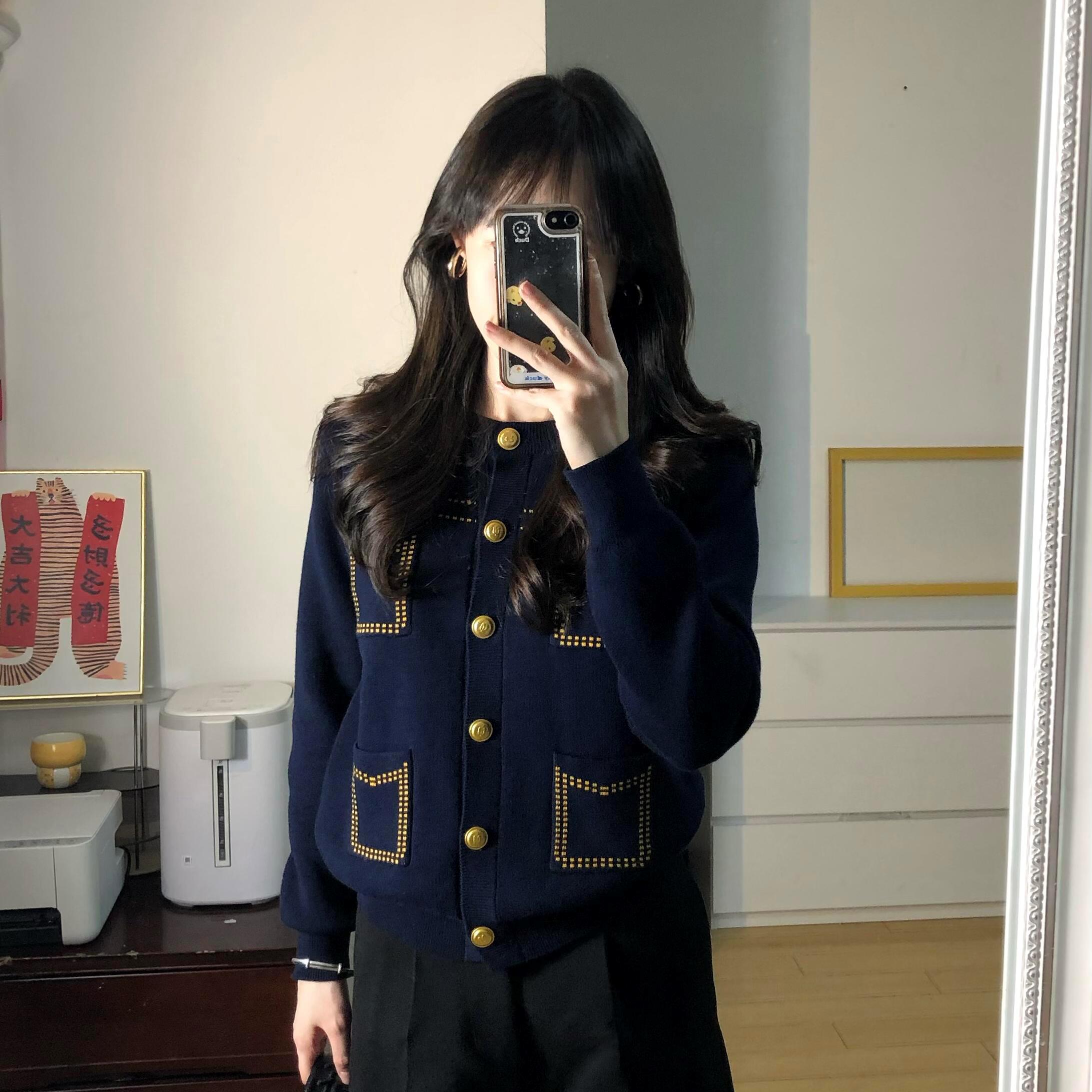 藏青色名媛小香风秋季针织开衫毛衣外套女2025新款设计感长袖上衣