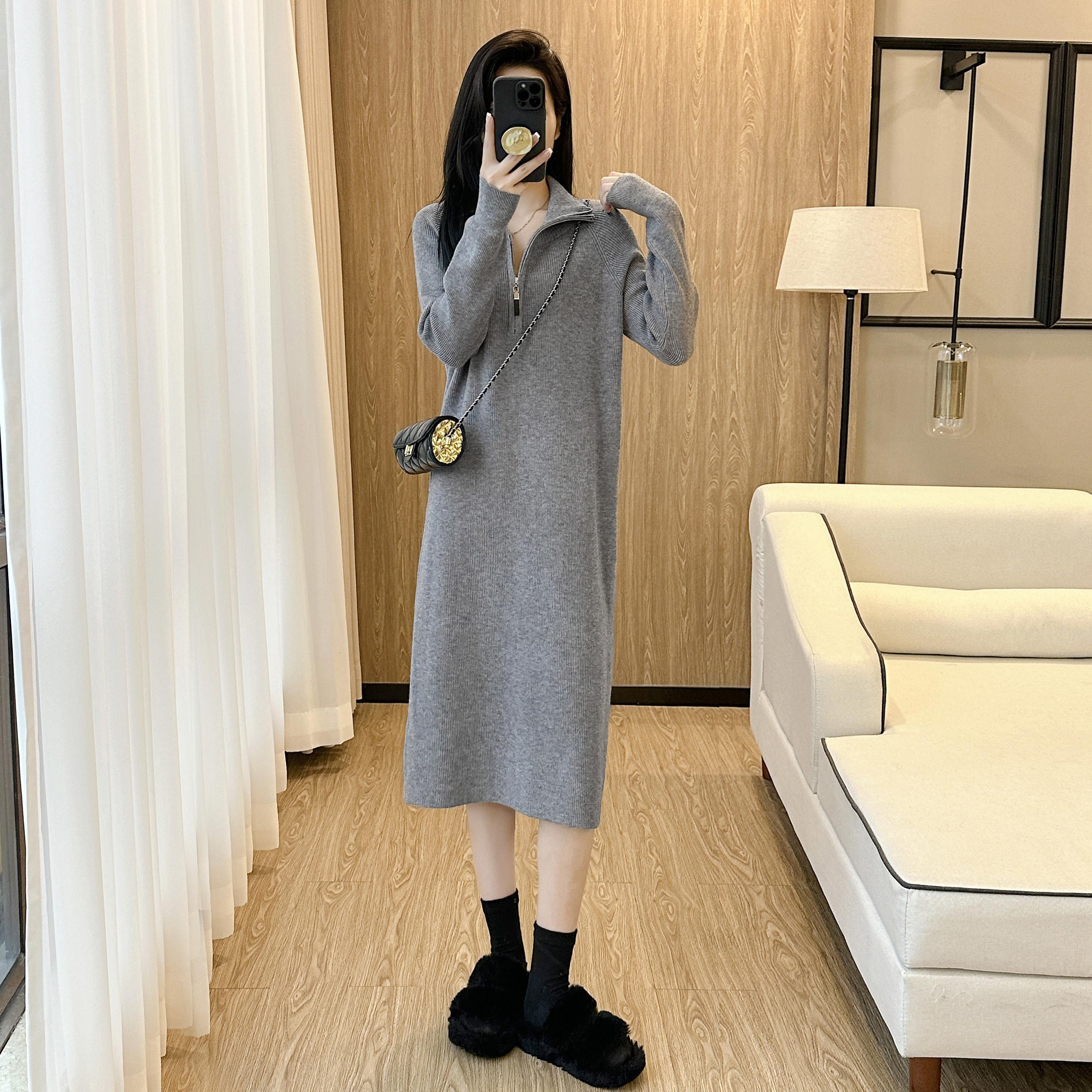 秋冬季中长款打底半拉链高领毛衣连衣裙女厚实保暖直筒内搭针织裙