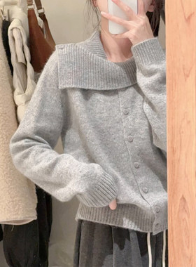 设计感小众灰色翻领羊毛针织衫女早秋气质别致不规则短款开衫上衣
