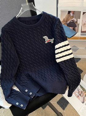 2025秋冬新款毛衣 小狗刺绣拼色毛衣 通勤风圆领羊毛毛衣