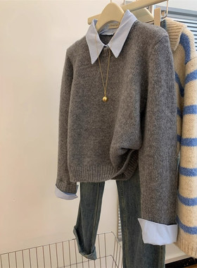 设计感灰色衬衫领假两件毛衣女秋冬慵懒风polo领针织衫学院风上衣