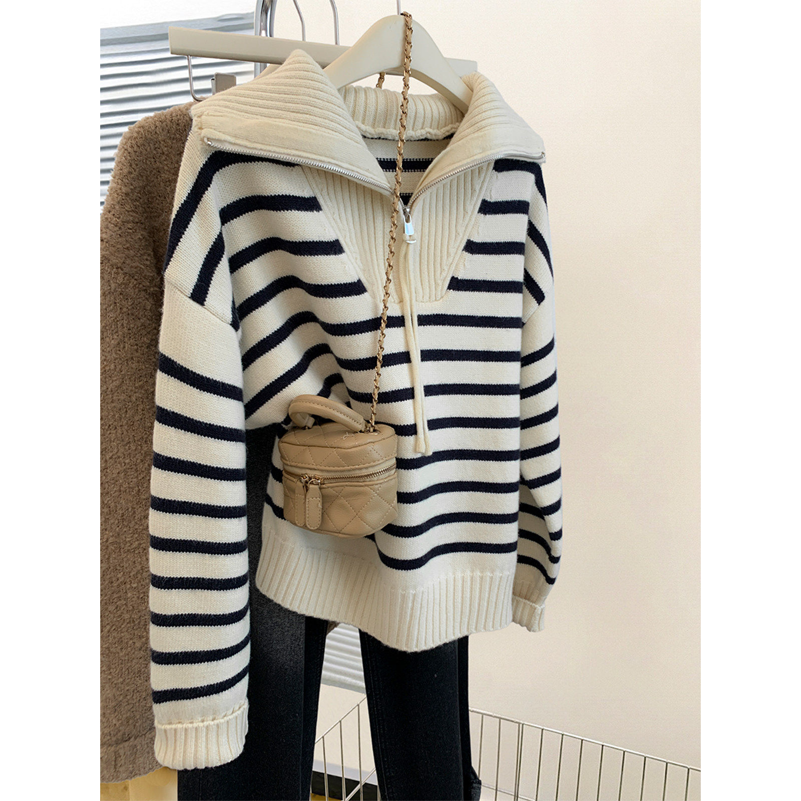 条纹浣熊绒海军领半拉链针织毛衣女秋冬2025新款翻领加厚上衣秋冬,女装/女士精品,毛衣,淘宝优惠券,粉丝福利购,淘宝优惠卷