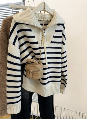 条纹浣熊绒海军领半拉链针织毛衣女秋冬2025新款翻领加厚上衣秋冬
