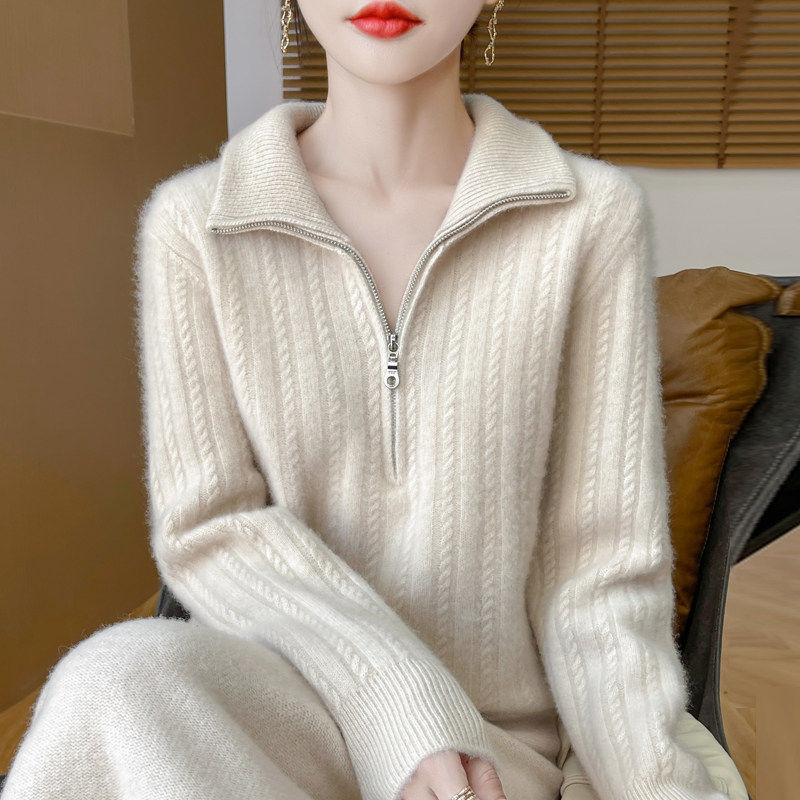 秋冬立领加厚100纯羊毛衫女高翻领半拉链软糯毛衣宽松羊绒针织衫