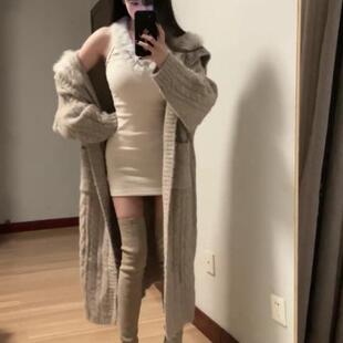 中长款针织开衫女秋冬加厚外搭毛衣高级感宽松慵懒风毛领大衣外套