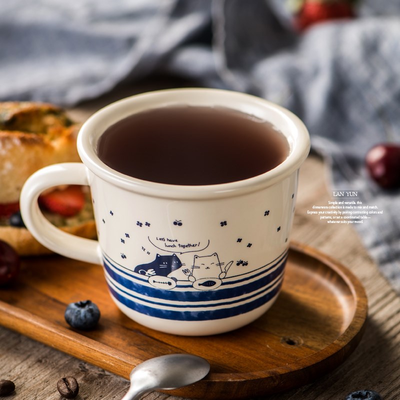 猫咪聚会马克杯 l厚实款陶瓷杯300毫升咖啡杯平底水杯 软萌