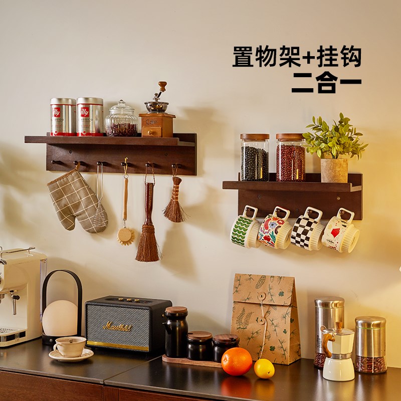 墙上挂衣架置物架实n木壁挂衣架创意门厅挂衣钩带隔板衣帽架免打