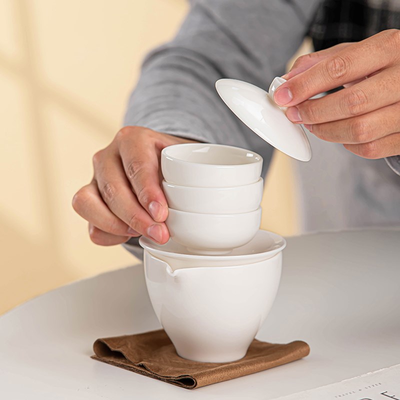 白瓷快客羊脂玉茶杯茶漏公杯户外便携式盖碗套Q装旅行茶具商务定