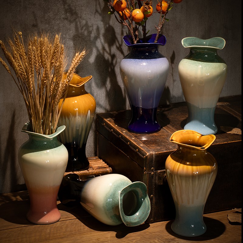 景德镇新中式复古陶瓷花瓶窑变z渐变花器客厅民宿玄关插花装饰摆