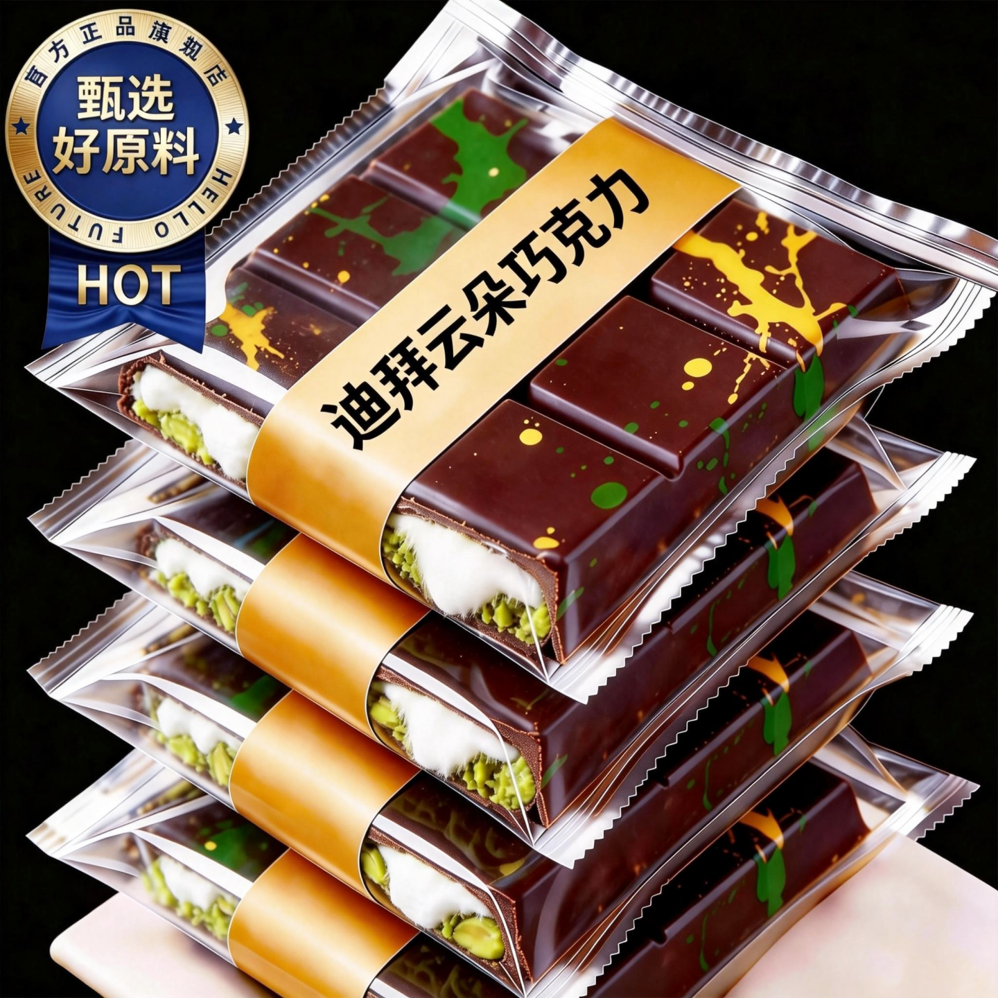 迪拜巧克力棉花糖官方旗舰店夹心黑巧开心果可可脂面包丝馅料零食
