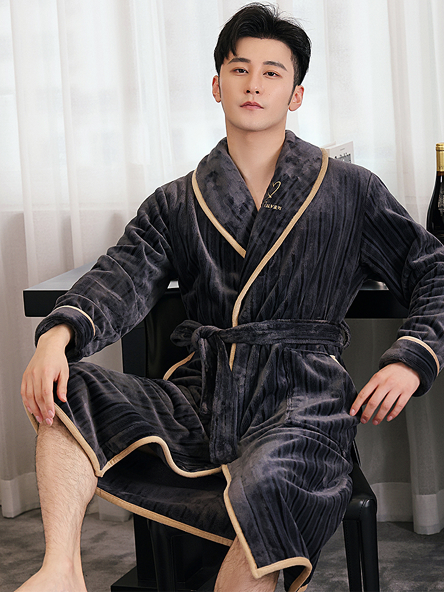 睡袍男士浴袍加厚加绒秋冬情侣长款冬季保暖男款秋冬珊瑚绒睡衣男