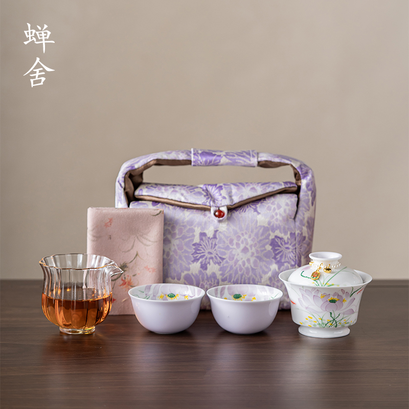 蝉舍白瓷手绘紫荷花二才盖碗茶具