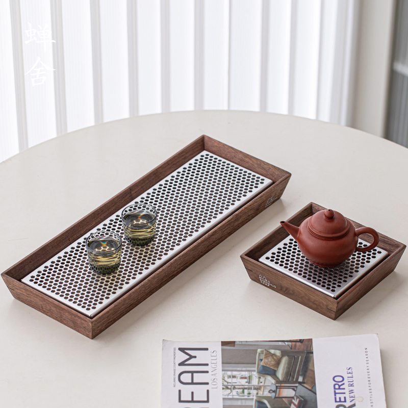 蝉舍胡桃木铝合金茶盘干泡盘
