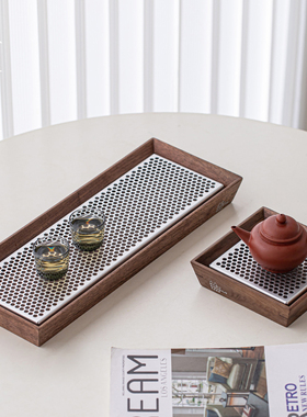 蝉舍胡桃木铝合金茶盘家用轻奢壶承干泡盘茶道沥水托盘小茶台中式
