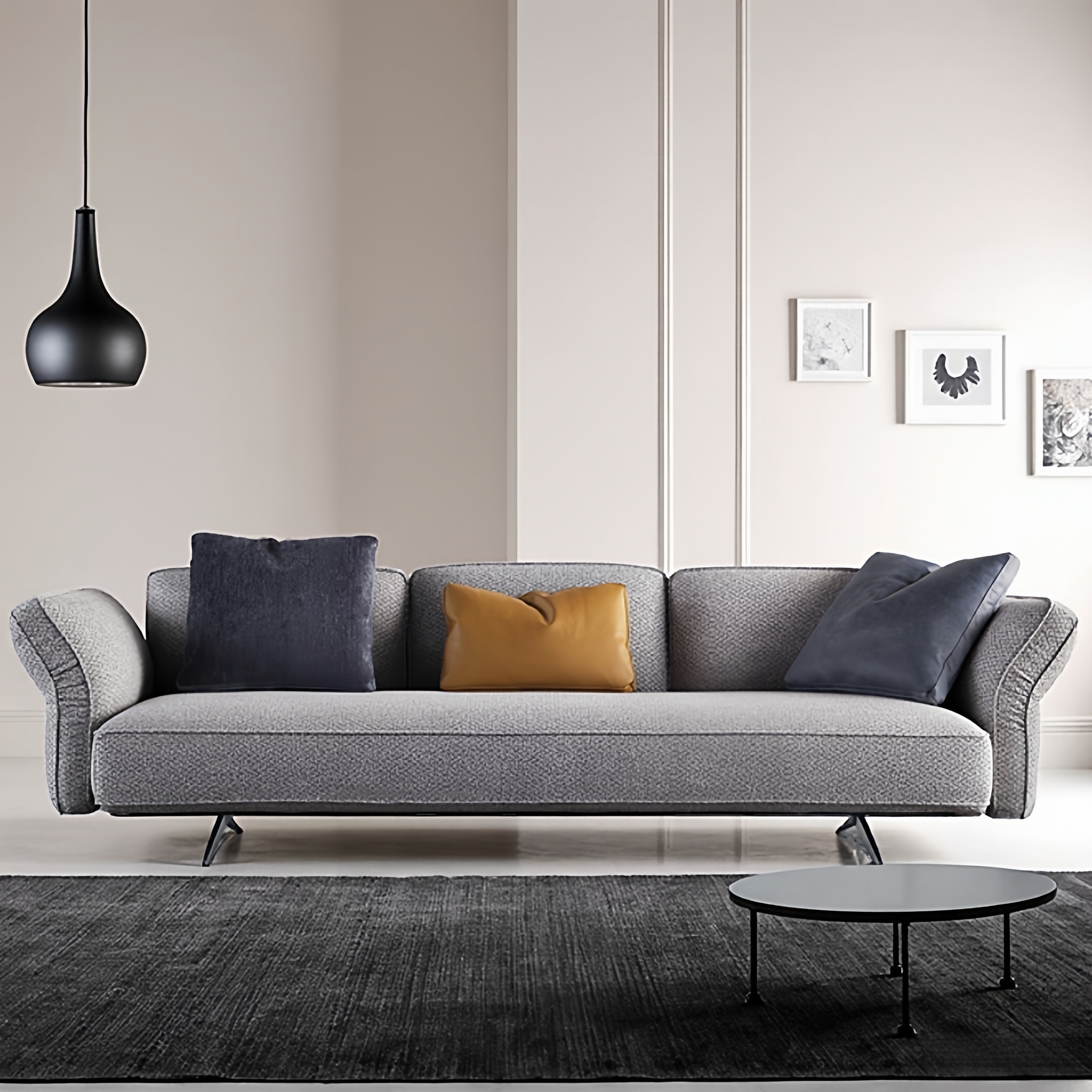 现代简约灰色布艺沙发三人位客厅家具金属脚支撑舒适坐垫意式轻奢