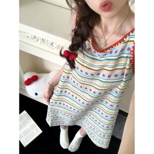 夏天韩版甜美拼接条纹纯棉纱睡裙女款2025新款夏季圆领大码家居裙