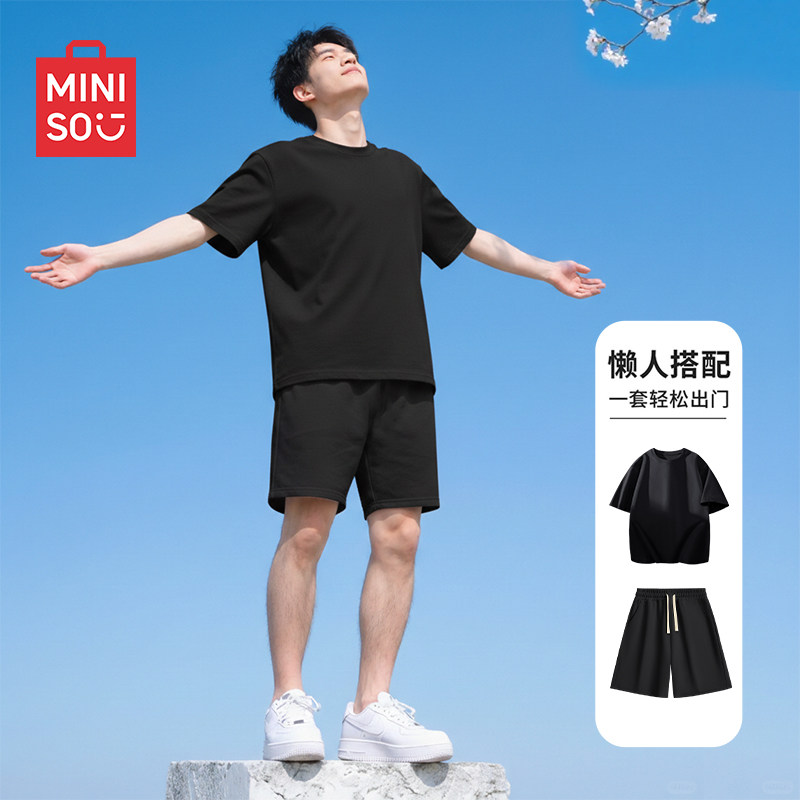 名创优品运动服套装男夏季纯棉黑色宽松跑步透气短袖短裤两件装Y