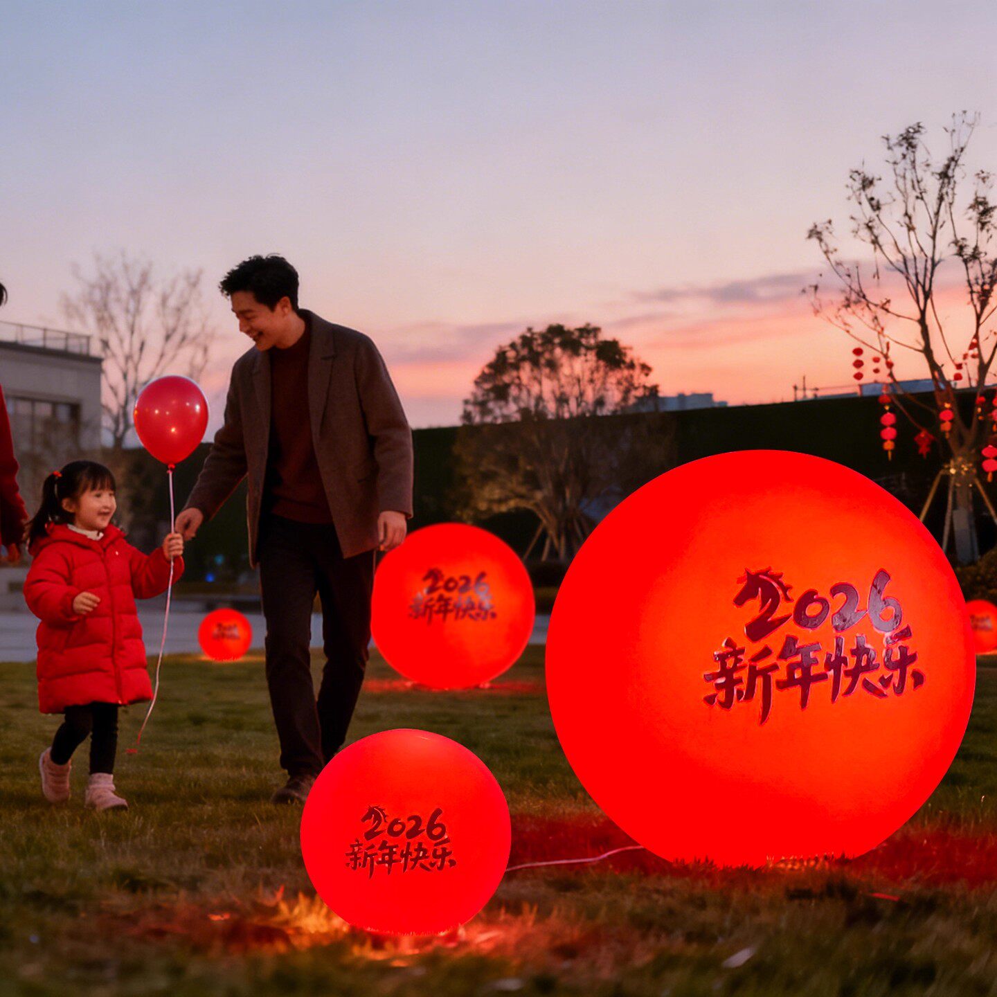 2026新年快乐草坪灯户外装饰灯红灯笼造型节日庆典灯发光圆形圆球