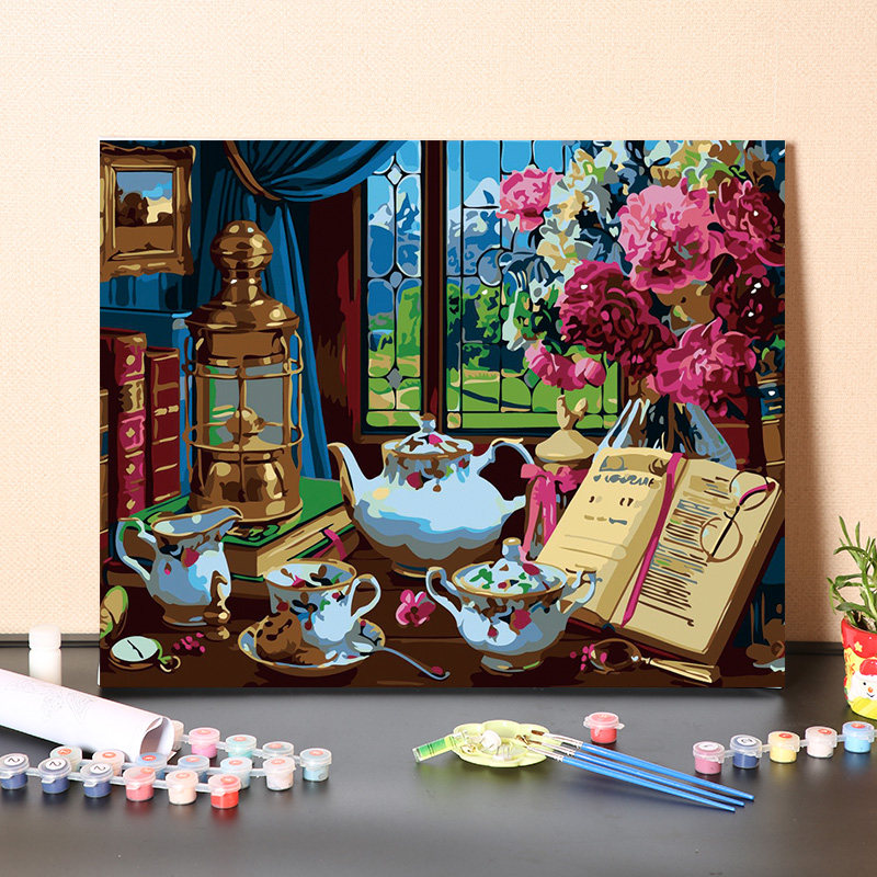 数字油画diy填充复古欧洲下午茶手工填色风景装饰画丙烯油彩画画