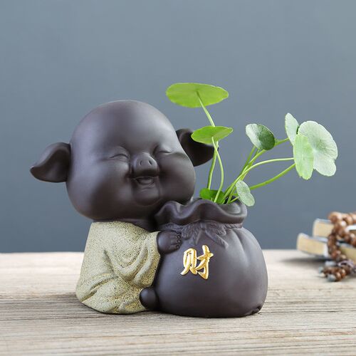 宇轩 紫砂小花器创意五福猪摆件手工茶宠小水培花插家居办公摆件