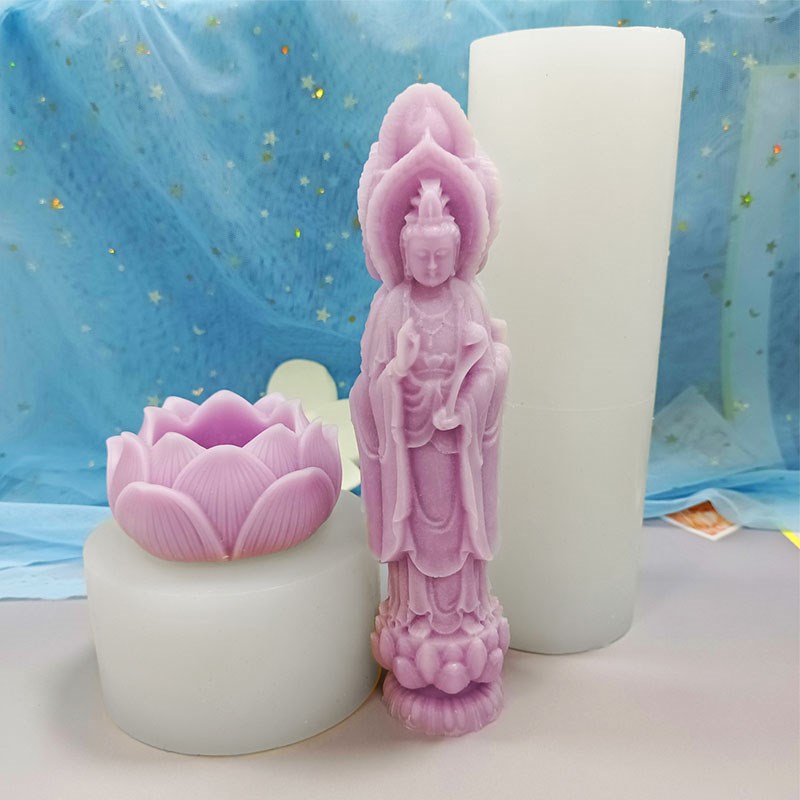 立体莲花底座三面观音香薰蜡烛硅胶模具石膏香皂滴胶巧克力矽胶模