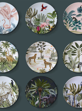 热带森林动物装饰盘 出口创意植物豹子家居陶瓷摆件 客厅装饰挂件