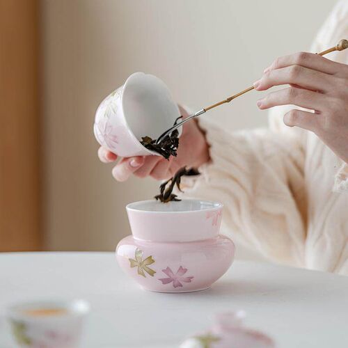 尚器 有田烧若花圆口建水洗水 手绘粉色女士精致茶具茶渣缸茶水盂