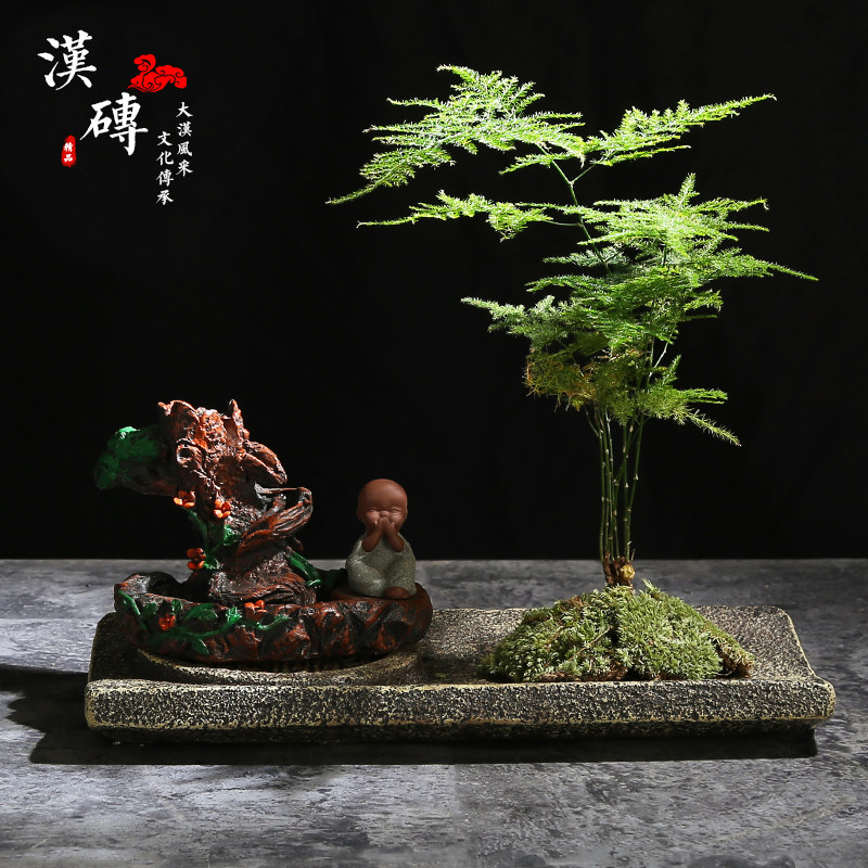 微景观汉砖花盆水生植物盆底座客厅摆件茶宠器皿容器仿古水培盆景