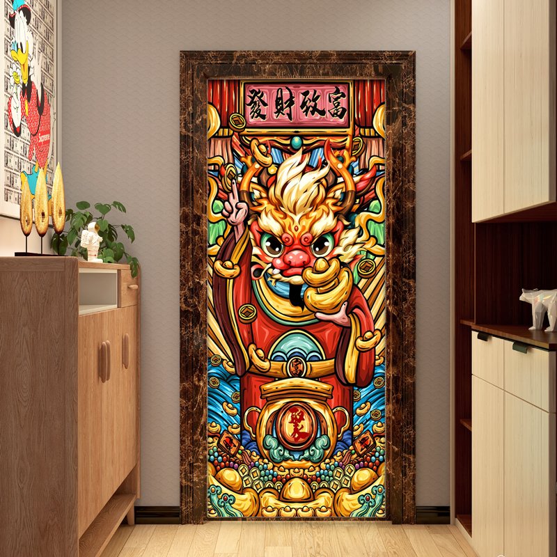 自粘电梯门贴纸新年龙年国潮喜庆新中式入户门玄关壁纸贴画墙贴