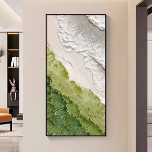 侘寂风入户玄关装饰画抽象绿色系挂画肌理感海浪竖款走廊过道壁画