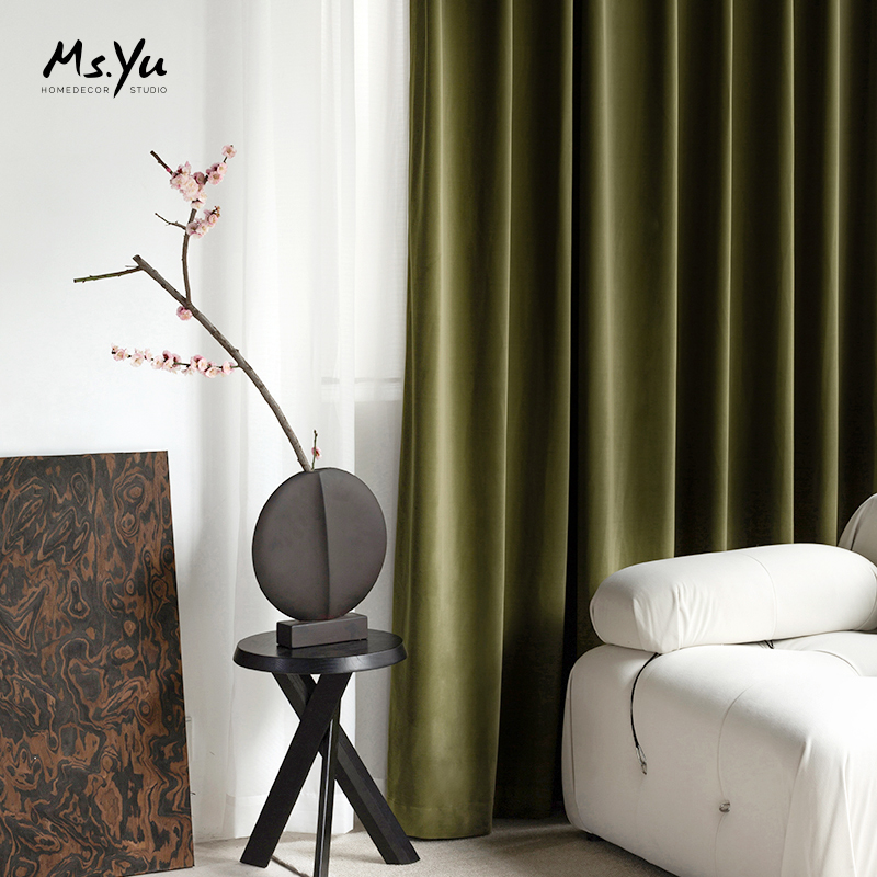 橄榄绿墨绿丝绒窗帘轻奢复古风客厅绒布窗帘卧室绒布帘沃尔喻小姐
