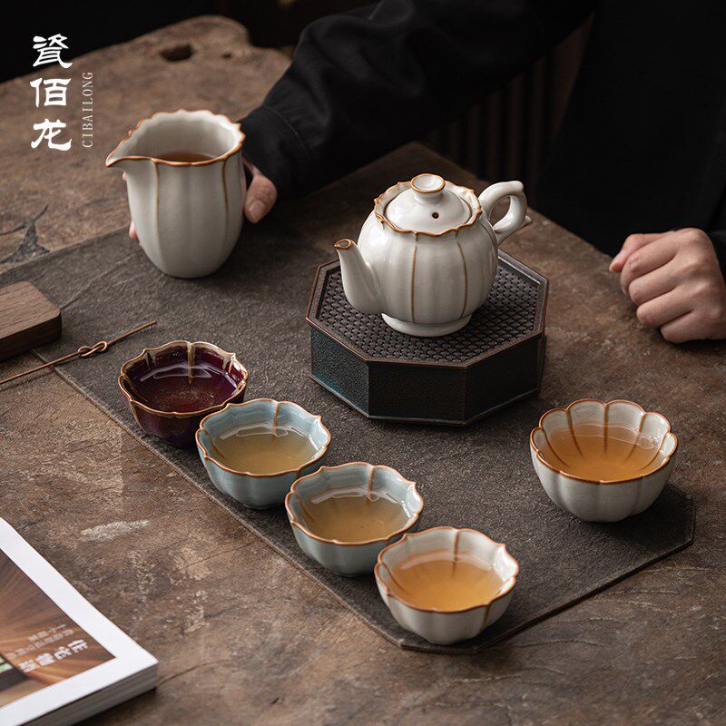 柏韵汝窑功夫茶具套装家用客厅陶瓷茶壶茶杯盖碗泡茶器冰裂釉开片