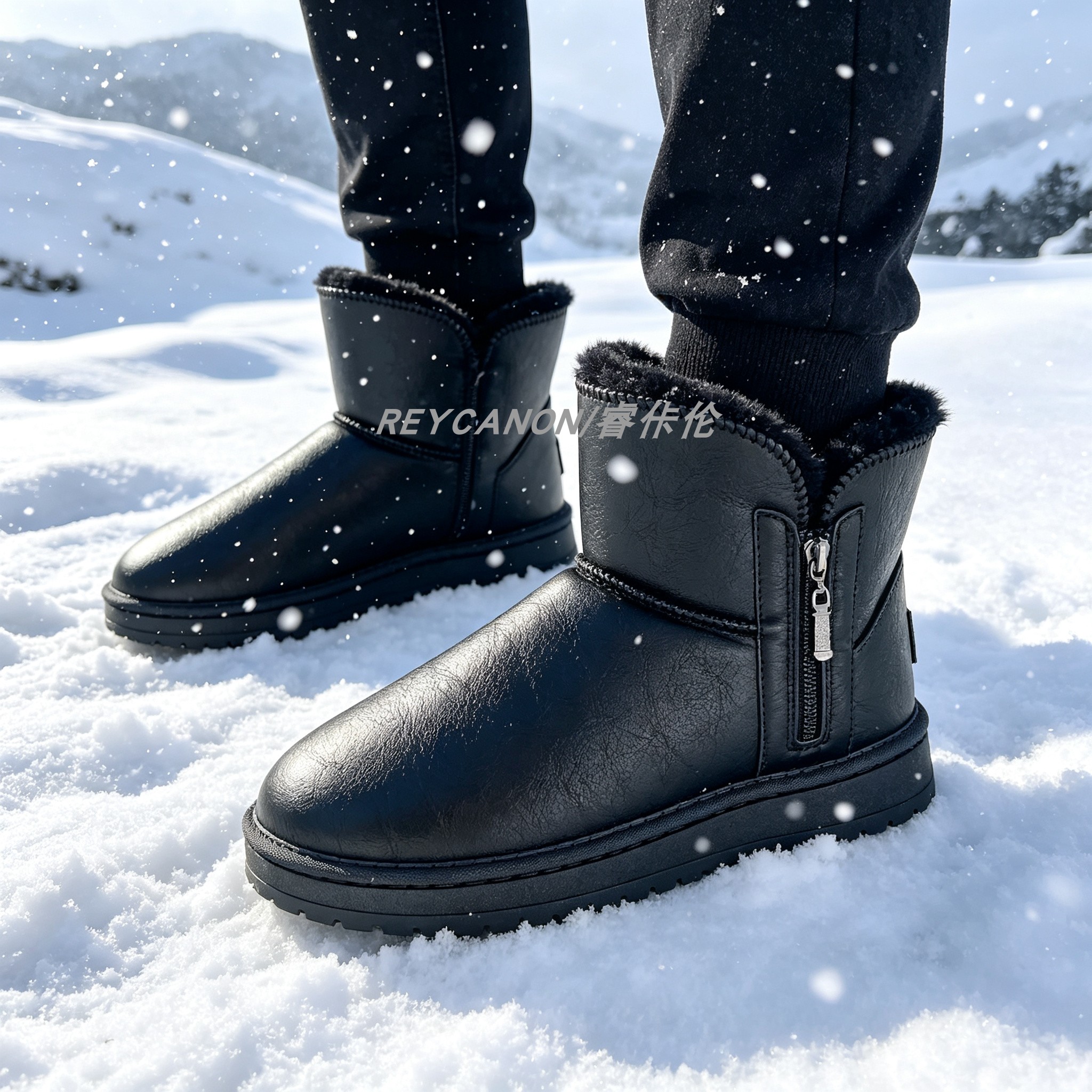 冬季雪地靴男士加绒加厚保暖厚底皮面侧拉链短靴防水防滑防寒棉鞋
