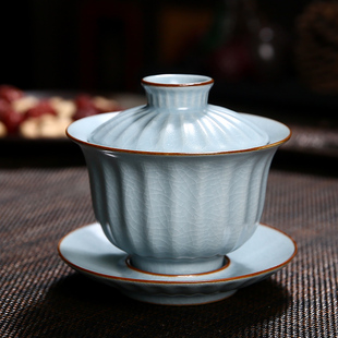 开片汝窑大号泡茶三才盖碗茶杯家用陶瓷功夫茶具花瓣竖纹盖碗单个