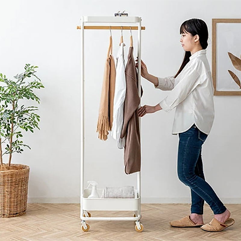 日式挂衣架落地带滑轮可移动衣帽架双杆晾衣架卧室收纳架更衣室