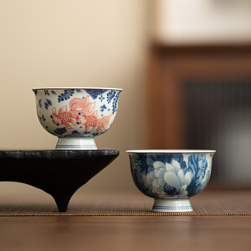 青花主人杯单杯釉里红茶盏个人专用品茗杯大号功夫复古陶瓷喝茶具