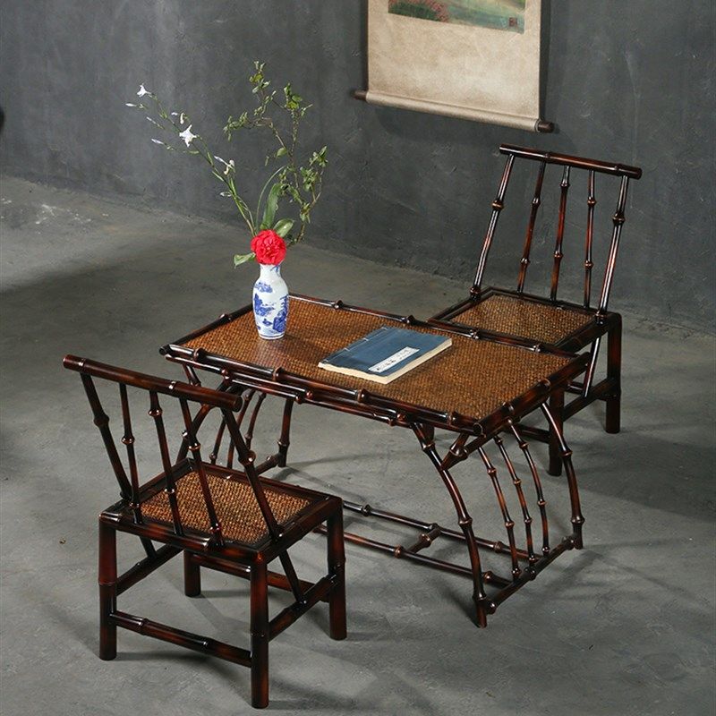 仿古中式大漆筇竹家具小椅子茶几长方形茶桌椅组合两人茶室茶道桌